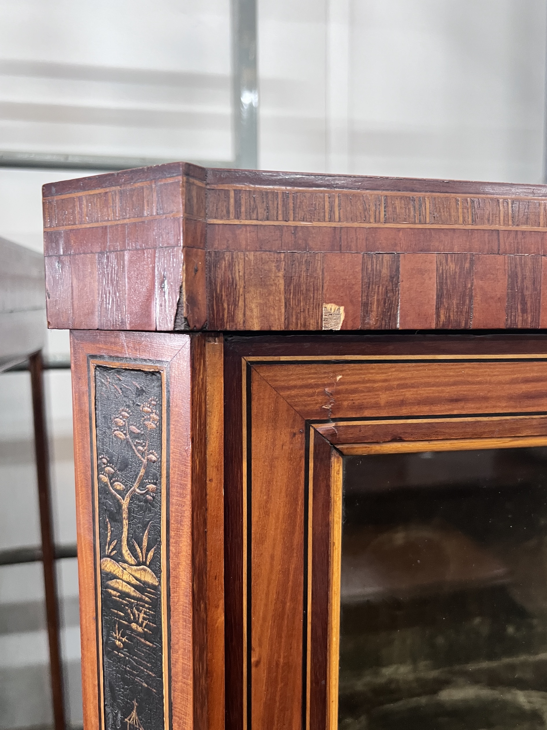 A pair of early 19th century chinoiserie lacquer satinwood vitrines, width 67cm, depth 43cm, height 158cm